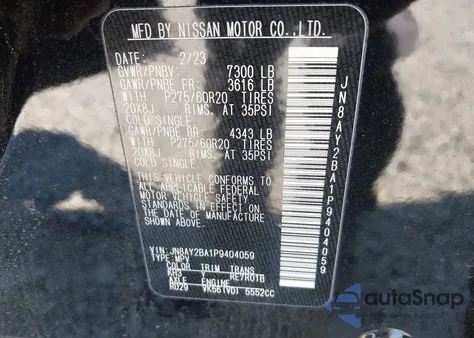 2023 Nissan Armada Sl 2Wd z USA, uszkodzony, nr VIN JN8AY2BA1P9404059